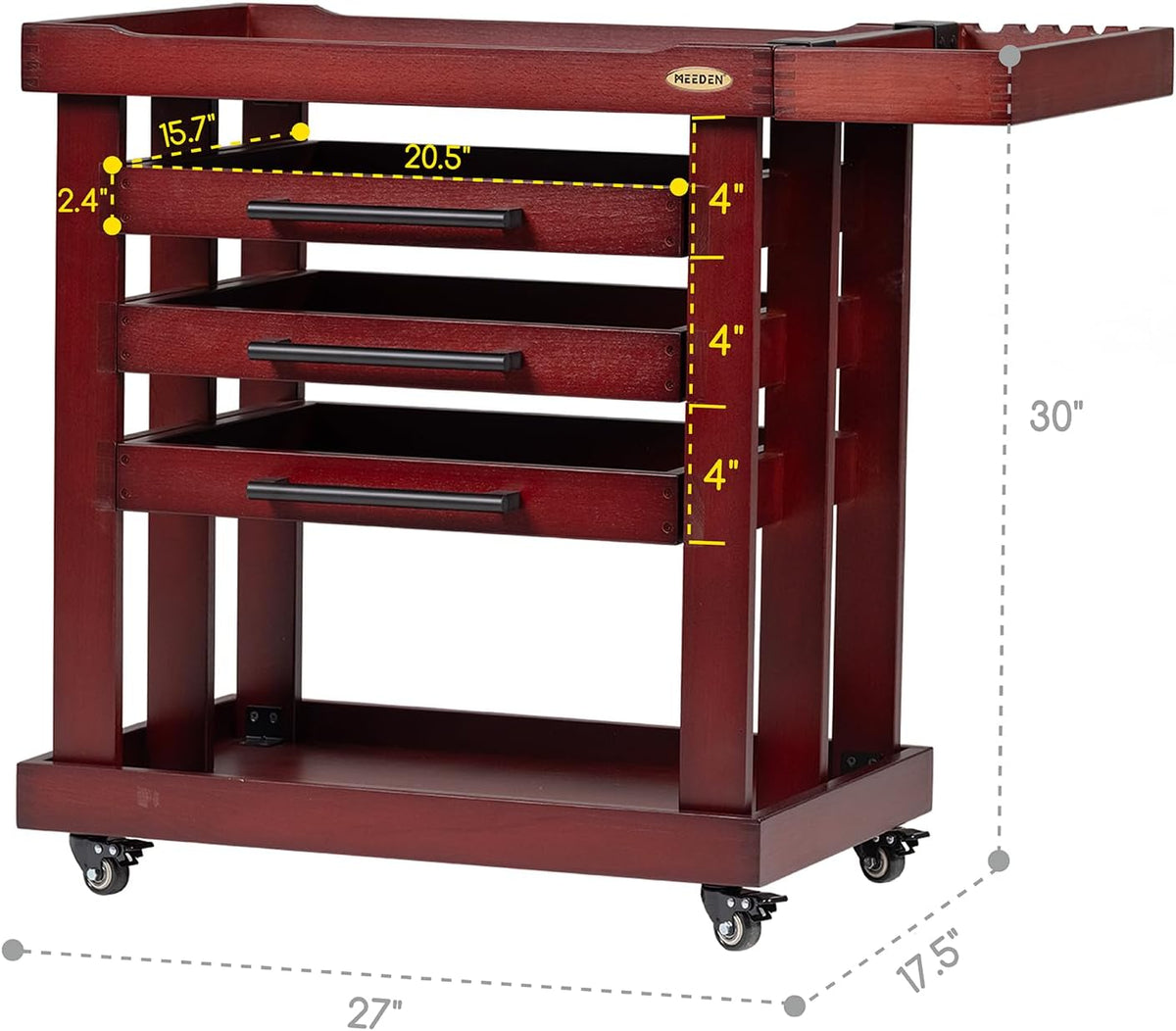 MEEDEN Art Accessories Rolrek met wieltjes: 5-laags dik beukenhout, knutselwagen met 3 schuifladen, organizers, opbergwagen voor studiogalerijen