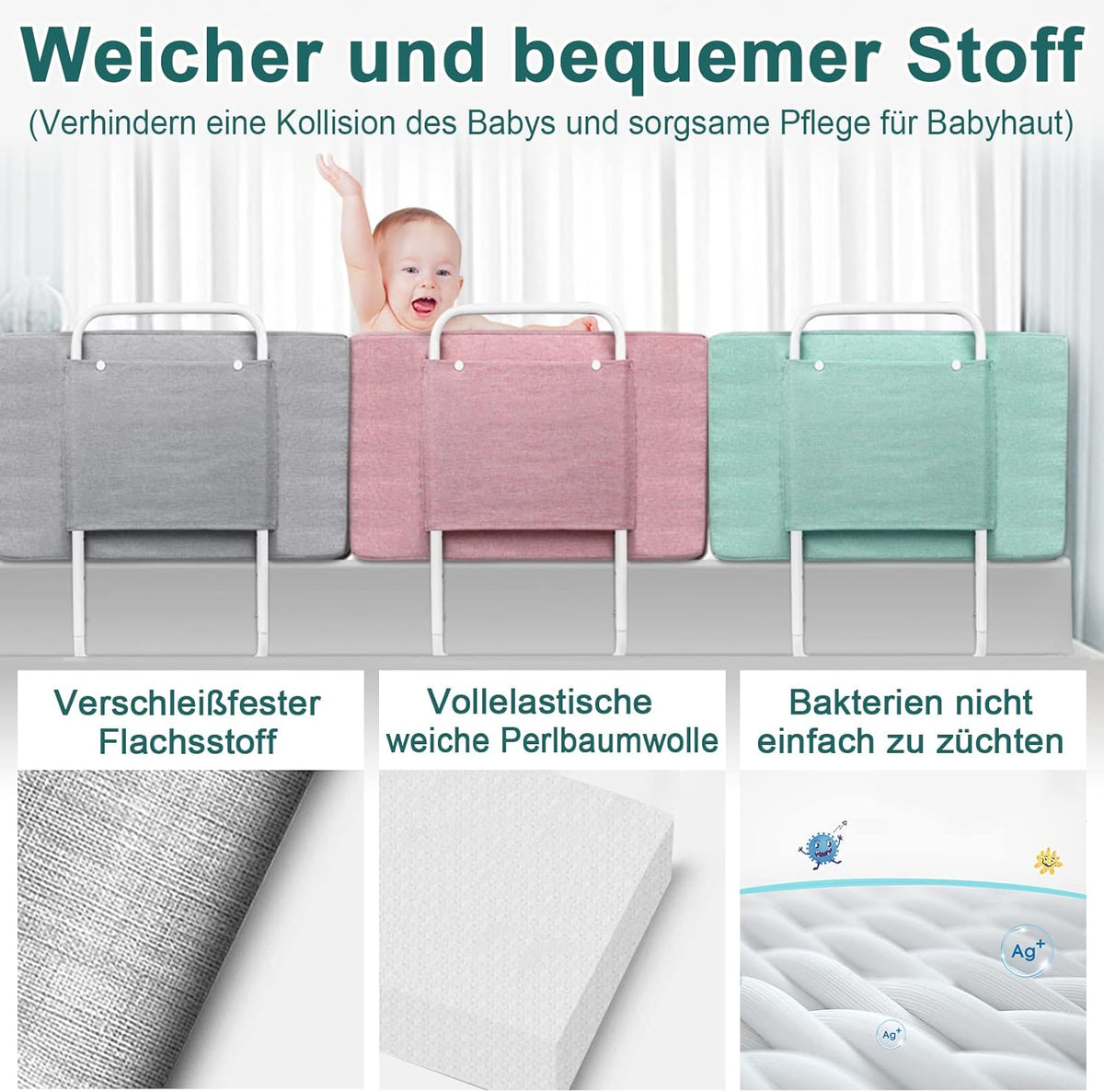 Valbeveiligingshek Kinderbed – Bedhek Peuterbed – Kinderbedbeschermer – Veiligheidshek Babybed – Bedhek Verstelbaar 200 cm – Stevig Metaal – Wasbare Stoffering
