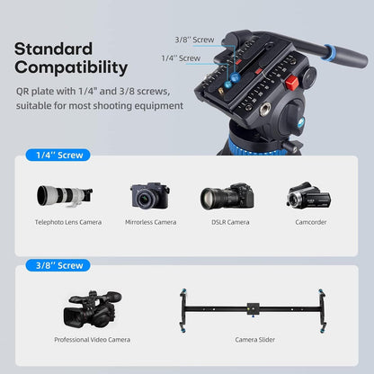 Camera Videostatief met Vloeistofkop – Driepootstatief, Tripod, Camerastatief, Camcorder Statief – Voor Camera, Camcorder En DSLR – Aluminiumlegering – 91 Tot 190 Cm Verstelbaar, Draagvermogen 10 Kg