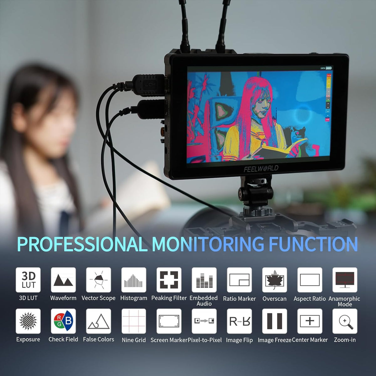 FEELWORLD F7 PLUS 7 Inch 1200Nit Camera Field Monitor 4K HDMI Touchscreen Camera Monitor met 4K HDMI2.0 In/Uitgang,1920x1080 IPS,3D LUT,HDR Golfvorm,Inclusief Oplaadbare F750 Batterij en Tas