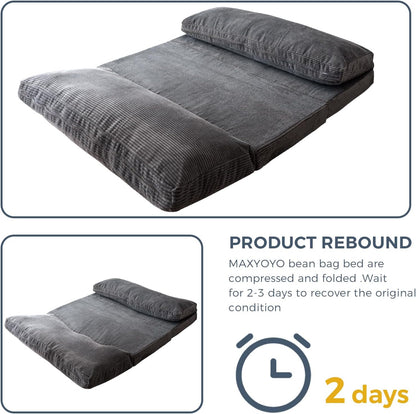 MAXYOYO Opvouwbare corduroy sofa zitzak bedstoel schuimvulling extra dikke 4-voudige vloerbank matras voor volwassenen, inclusief afneembare en machinewasbare hoes voor woonkamer, donkergrijs, 76 x