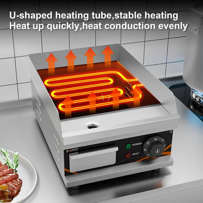 Professionele elektrische plaat gietijzer elektrische grill roestvrij staal met spatbescherming en vetopvangbak, 1500 W