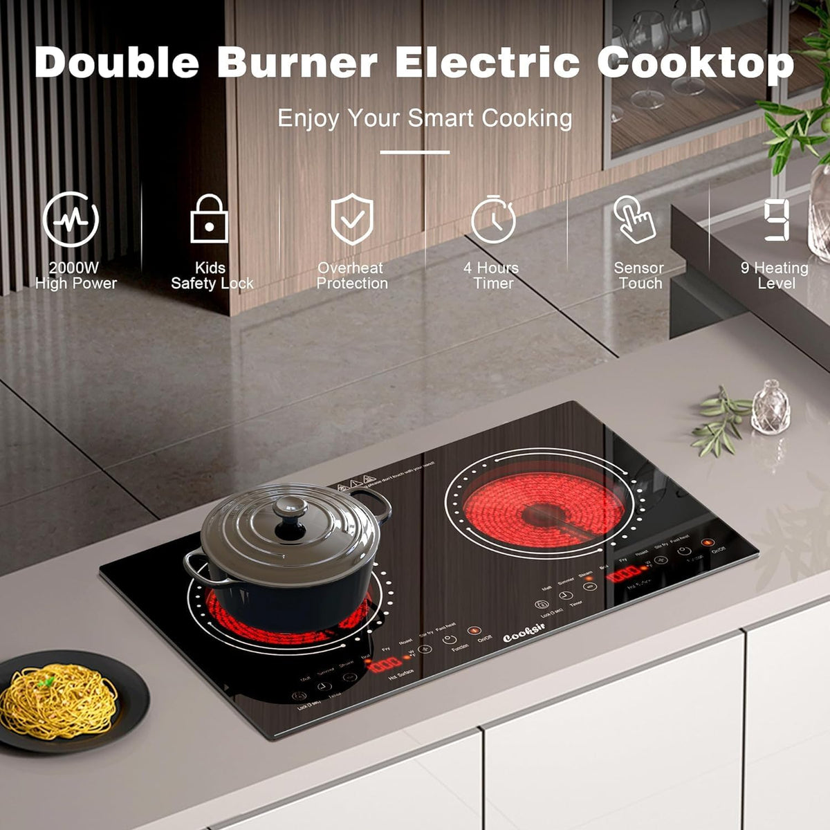 Keramische kookplaat, 2 platen met stekker, 60 cm kookplaat, inbouw of draagbaar, 3600 W, keramische kookplaat, onafhankelijke verwarmingszoneregeling, infrarood warmte