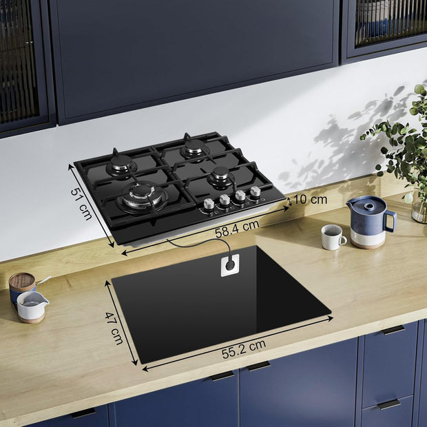 Inbouw Gaskookplaat - gaskookplaat - Gasfornuis - met  4 Kookzones - Ontstekings - Zekering - Geschikt voor Aardgas - Opropaangas - 58.4 cm - 8060W - 220-240V - Zwart