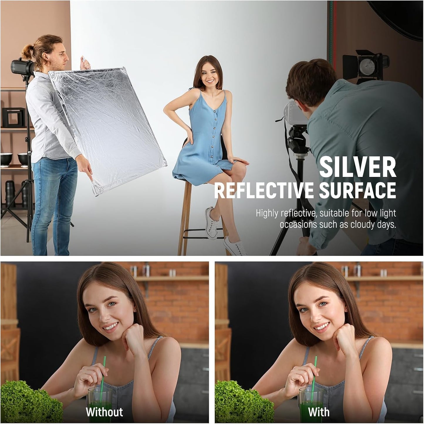 Lichtdiffusiepaneel – Diffusiescherm – Scrim – Diffuser – Lichtdoek – Zilver/Wit Omkeerbaar – 90 x 90 cm – Opvouwbaar Frame