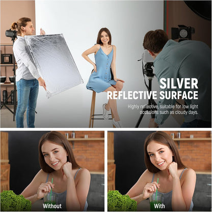 Lichtdiffusiepaneel – Diffusiescherm – Scrim – Diffuser – Lichtdoek – Zilver/Wit Omkeerbaar – 90 x 90 cm – Opvouwbaar Frame