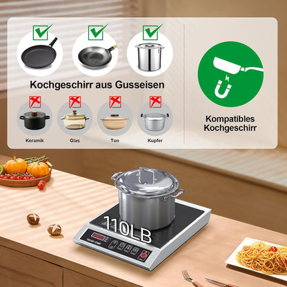 Inductiekookplaat, 3500 W, enkele inductiekookplaat, kookplaten, 50 kg, groot draagvermogen, roestvrijstalen behuizing, 24-uurs timer, ultradun draagbaar design