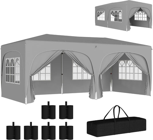 Outsunny Pavillon approx. 3x6m, wasserabweisend Stabil Winterfest Pop-up Faltpavillon, UV Schutz 50+, Faltbar Partyzelt Gartenzelt mit 6 Seitenteilen Tasche Gartenpavillon für Camping Garten, Hellgrau - QUORE