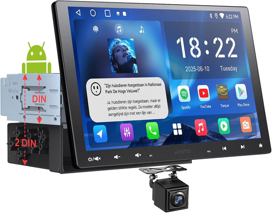 10,1 inch 2 DIN & 1 DIN Adaptieve Autoradio, Draadloze CarPlay & Android Auto, WiFi/BT/USB Tethering, 24-bands EQ, Achteruitrijcamera, HD LRV, 2G+32G