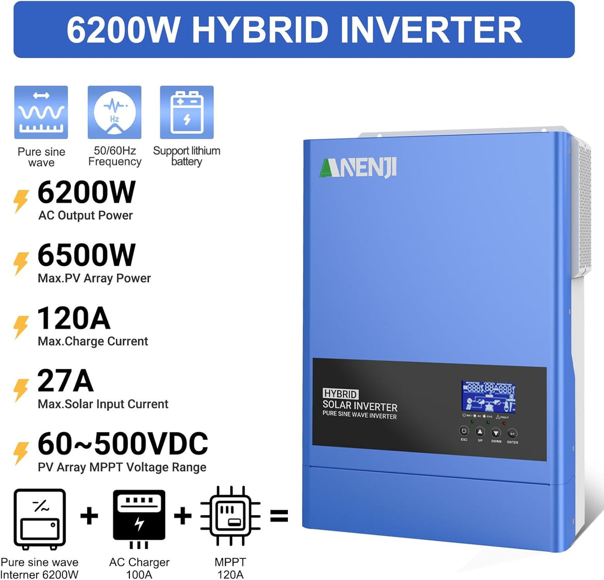 Hybride zonne-omvormer 6200 W, 48 V DC naar 230 VAC, zuivere sinusomvormer met 120 A MPPT zonne-laadregelaar, maximale ingangsspanning PV 500 V, voor