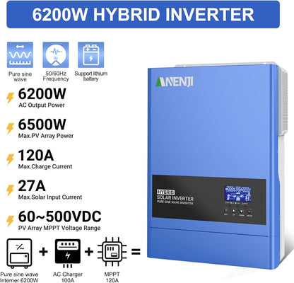 Hybride zonne-omvormer 6200 W, 48 V DC naar 230 VAC, zuivere sinusomvormer met 120 A MPPT zonne-laadregelaar, maximale ingangsspanning PV 500 V, voor