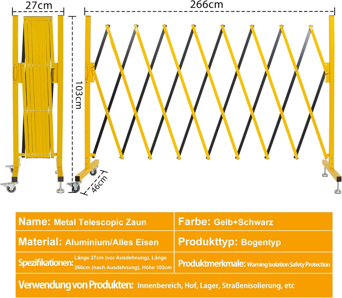 Hekrollen met maximale breedte 270 cm x hoogte 120 cm, telescopische poort, poort, bouwplaats/treinstation/school/garage, raster-accordeonhek, hekpoort (licht, compact)