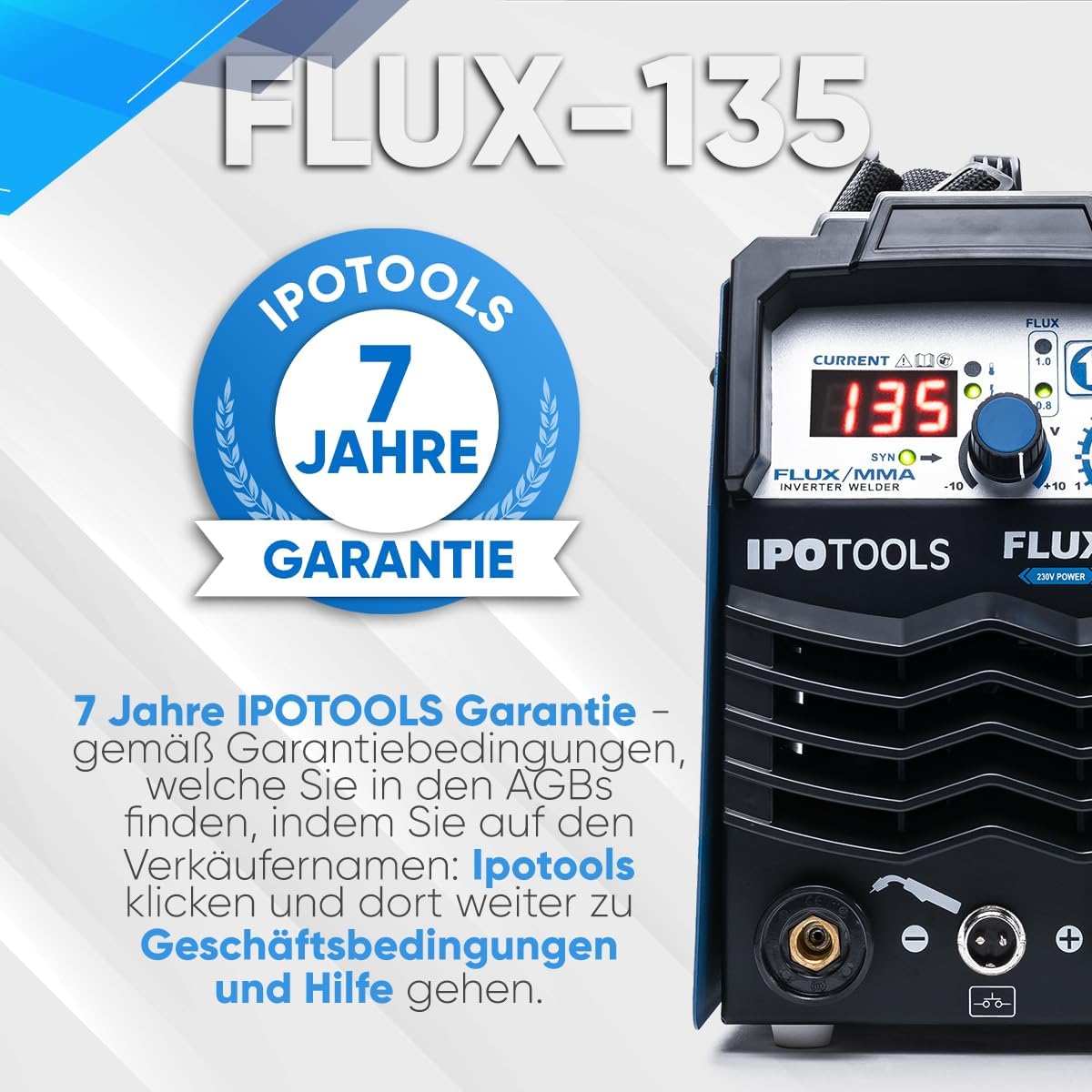 IPOTOOLS FLUX-135 vuldraad lasapparaat zonder gas 135A – 3-in-1 FLUX/ARC/MMA Inverter lasapparaat met synergische draadopvoer, IGBT, 230V, compact & draagbaar – 7 jaar garantie