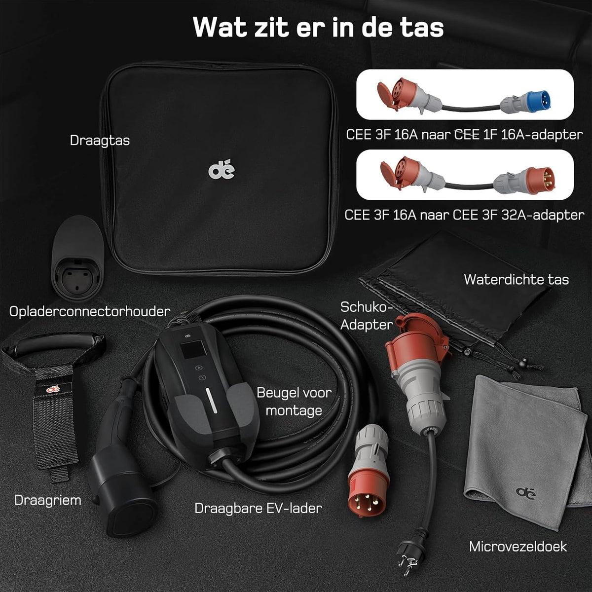 dé EV Charger Type 2 11kW [7m, 3-Fase, 6-16A] Laadpaal 11kw 3 Fase met Traveller Set, Mobile Wallbox voor model Y/3, ID.3/4/5, Enyaq, EX30/XC40, Niro en Andere EV&PHEV