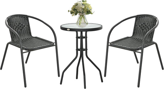 Tuinstoelen - Tuinmeubelenset - Tuin Eettafelstoelen - Rotan Bistroset - Moderne Stijl - Stapelbaar - Weerbestendig - Stabiel - Onderhoudsvriendelijk - 50 x 72 cm Tafel - 56 x 58 x 72.5 cm Stoel - Zwart