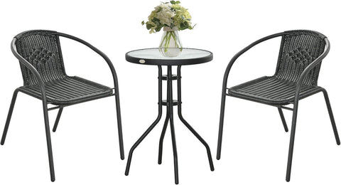 Tuinstoelen - Tuinmeubelenset - Tuin Eettafelstoelen - Rotan Bistroset - Moderne Stijl - Stapelbaar - Weerbestendig - Stabiel - Onderhoudsvriendelijk - 50 x 72 cm Tafel - 56 x 58 x 72.5 cm Stoel - Zwart