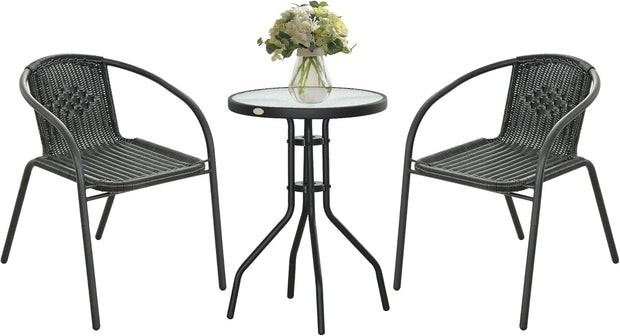 Tuinstoelen - Tuinmeubelenset - Tuin Eettafelstoelen - Rotan Bistroset - Moderne Stijl - Stapelbaar - Weerbestendig - Stabiel - Onderhoudsvriendelijk - 50 x 72 cm Tafel - 56 x 58 x 72.5 cm Stoel - Zwart