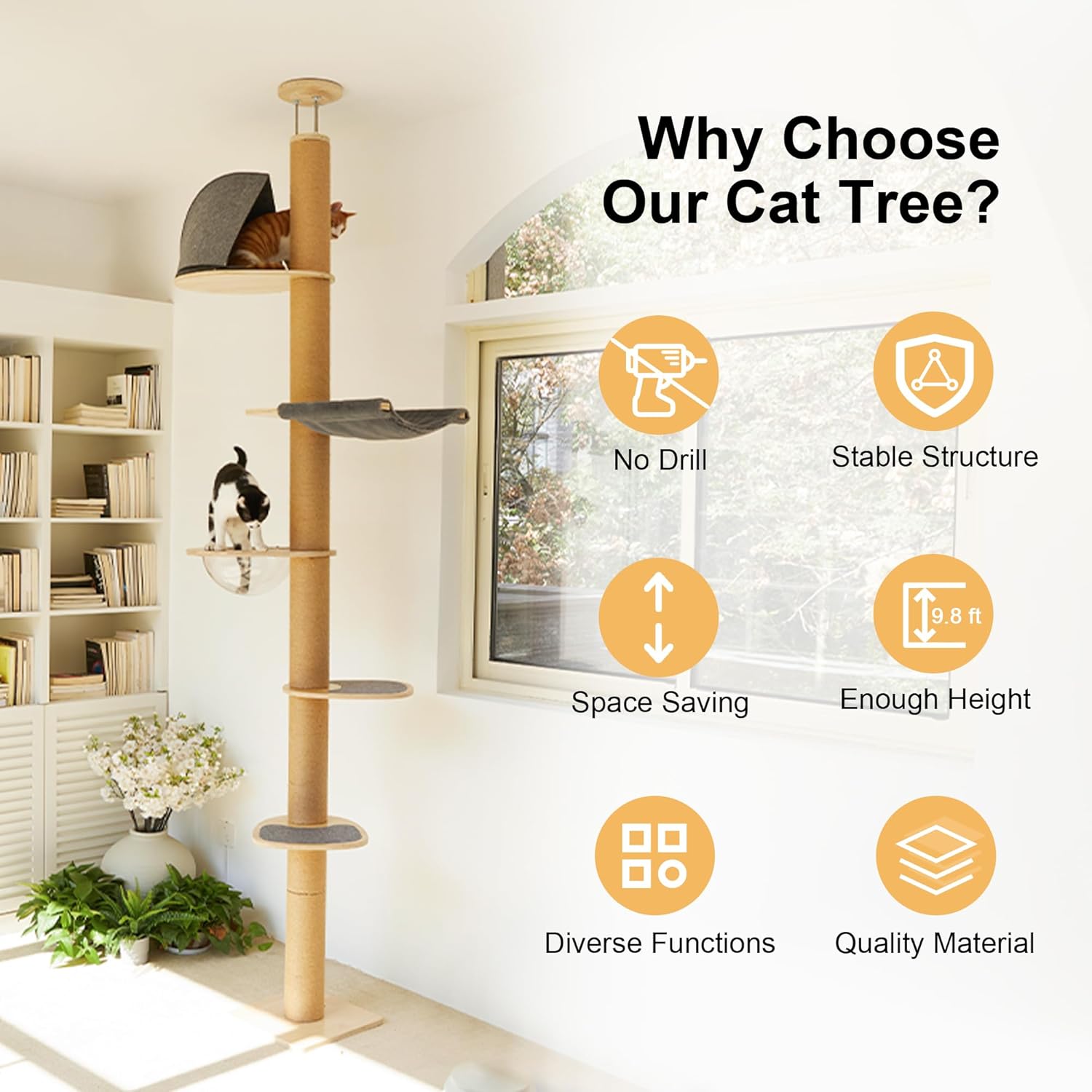 FUKUMARU Cat Tree Cat Tree, 6 Floors, Ceiling Cat Tower (280-300 cm), Wall Mounted Cat Tree, Natural Rubber Wood, with Transparent Space Capsule and Cozy Hammock - QUORE