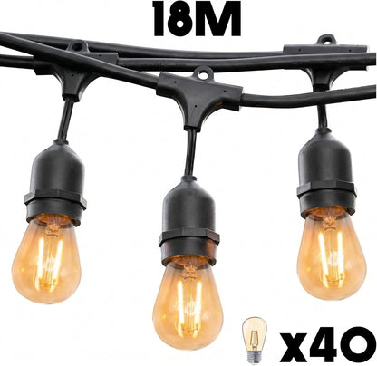 MAFY LIGHT Lichtsnoer voor buiten, aansluitbaar, 18 m, met 40 ledlampen, E27, warm wit