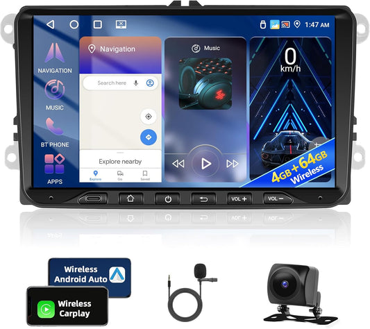 4+64G Android Auto Stereo Auto für VW Golf Tiguan T0uran Passat Polo Seat mit Kabellosem Carplay, Motorsi Touchscreen con GPS Navigation/WiFi/FM/RDS/SWC/Canbus/Bluetooth/EQ