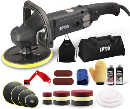 SPTA Polijstmachine, 125 mm/150 mm/180 mm polijstmachine met variabele snelheid, professionele set - slijpmachine 1200 watt + polijstspons accessoireset, polijstschijf, wolschijf voor auto, boot