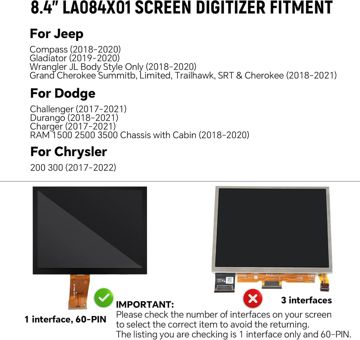 8,4-inch Uconnect 4C UAQ Touchscreen Vervanging LA084X01 LCD Display Monitor Radio Navigatie Nieuw OEM Geschikt voor Dodge RAM Jeep Chrysler 2017-2021 Vervangt LA084X01(SL) (02) Scherm