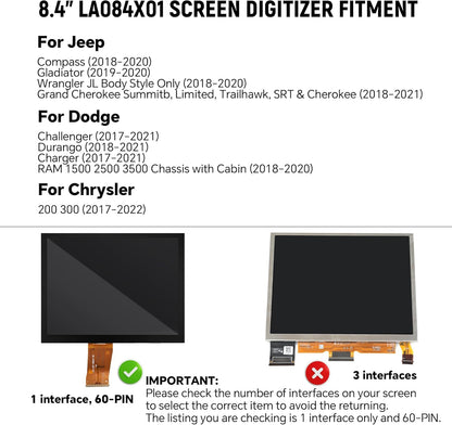 8,4-inch Uconnect 4C UAQ Touchscreen Vervanging LA084X01 LCD Display Monitor Radio Navigatie Nieuw OEM Geschikt voor Dodge RAM Jeep Chrysler 2017-2021 Vervangt LA084X01(SL) (02) Scherm