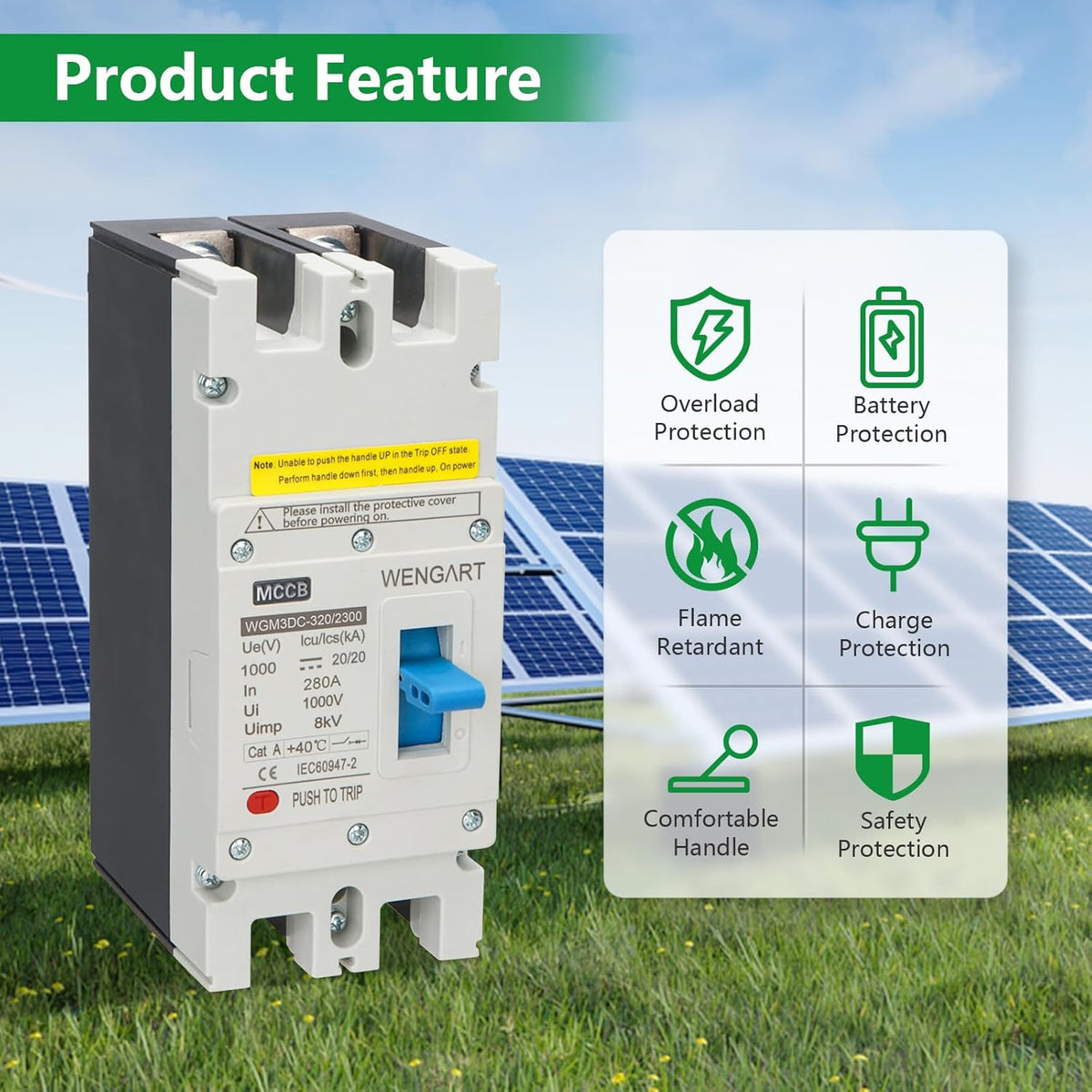 Wengart MCCB WGM3DC-320, PV-stroomschakelaar DC1000V 2P 280-320A, biedt betrouwbare bescherming voor fotovoltaïsche systemen op zonne-energie (280A)
