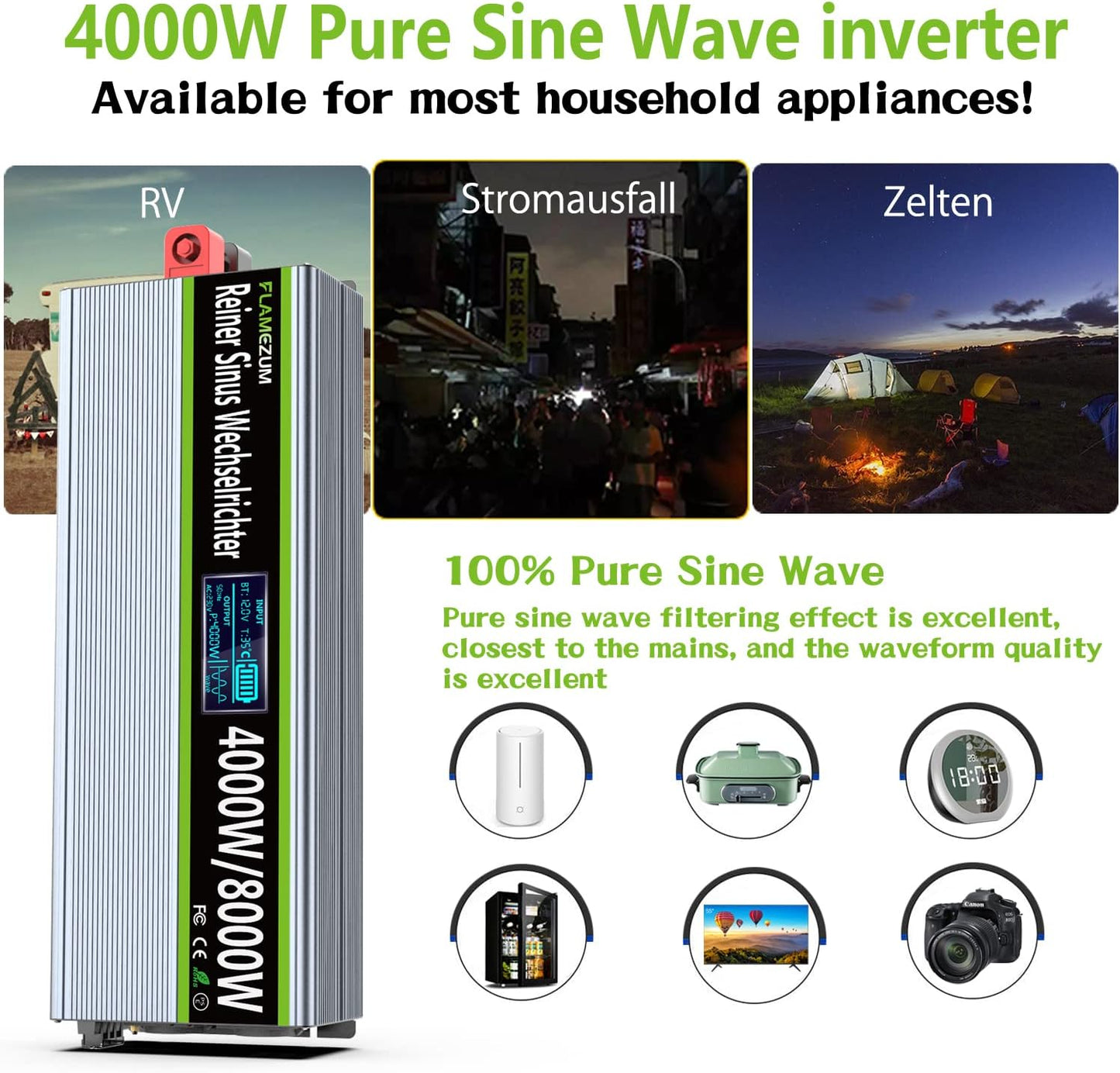 FLAMEZUM 4000 W Power Inverter,Omvormer 12V naar 230V Zuivere Sinus spanningsomvormer, 2 EU Stopcontact met USB-uitgang,Afstandsbediening,Geschikt voor koelkasten,Elektrisch Gereedschap