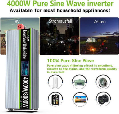 FLAMEZUM 4000 W Power Inverter,Omvormer 12V naar 230V Zuivere Sinus spanningsomvormer, 2 EU Stopcontact met USB-uitgang,Afstandsbediening,Geschikt voor koelkasten,Elektrisch Gereedschap