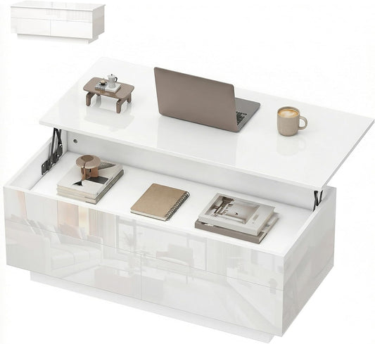 Salontafel – Koffietafel – Woonkamertafel – Verstelbare Tafel – Opbergtafel – Verstelbaar Tafelblad tot 54,5 cm – Hoogglans Wit Met 2 Lades en Verborgen Opbergruimte