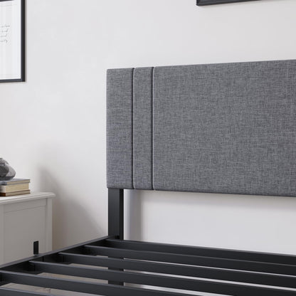 DUMEE Bedframe voor eenpersoonsbed, van metaal met hoofdeinde en plank, 0,9 m, gevoerd metalen frame met verbeterde ondersteuning, geen veren, geen lawaai, eenvoudige montage, grijs