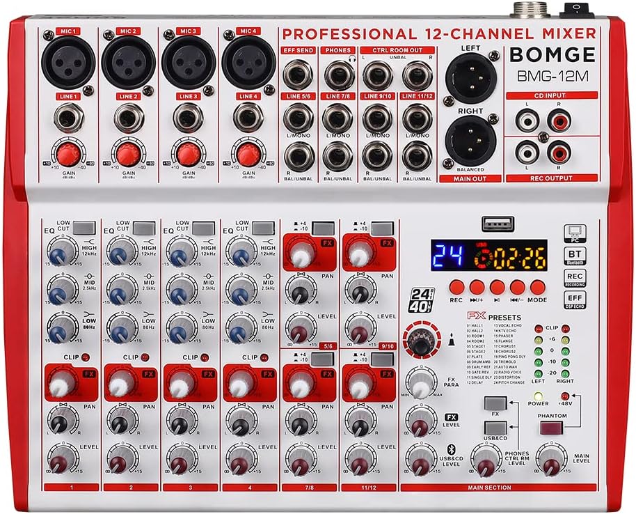 BOMGE 12-Input soundboard Mixer met Mic Preamps en Compressoren, 24DSP, bluetooth, 48V Power, Britse EQ en USB/Audio Interface voor opname, karaoke en podcast. (12M-12 kanaal)