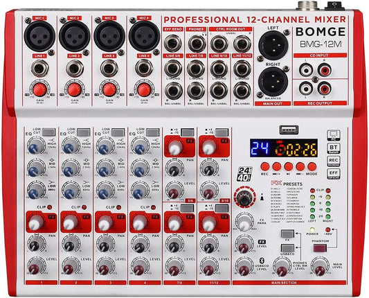 BOMGE 12-Input soundboard Mixer met Mic Preamps en Compressoren, 24DSP, bluetooth, 48V Power, Britse EQ en USB/Audio Interface voor opname, karaoke en podcast. (12M-12 kanaal)