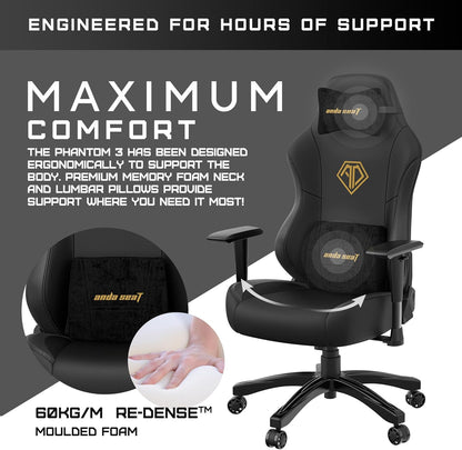 Anda Seat Phantom 3 Gamingstoel, ergonomische bureaustoelen, liggende videogame-gamestoel, nek- en lendenrugsteun - grote premium zwarte pvc-lederen gamingstoel voor volwassenen
