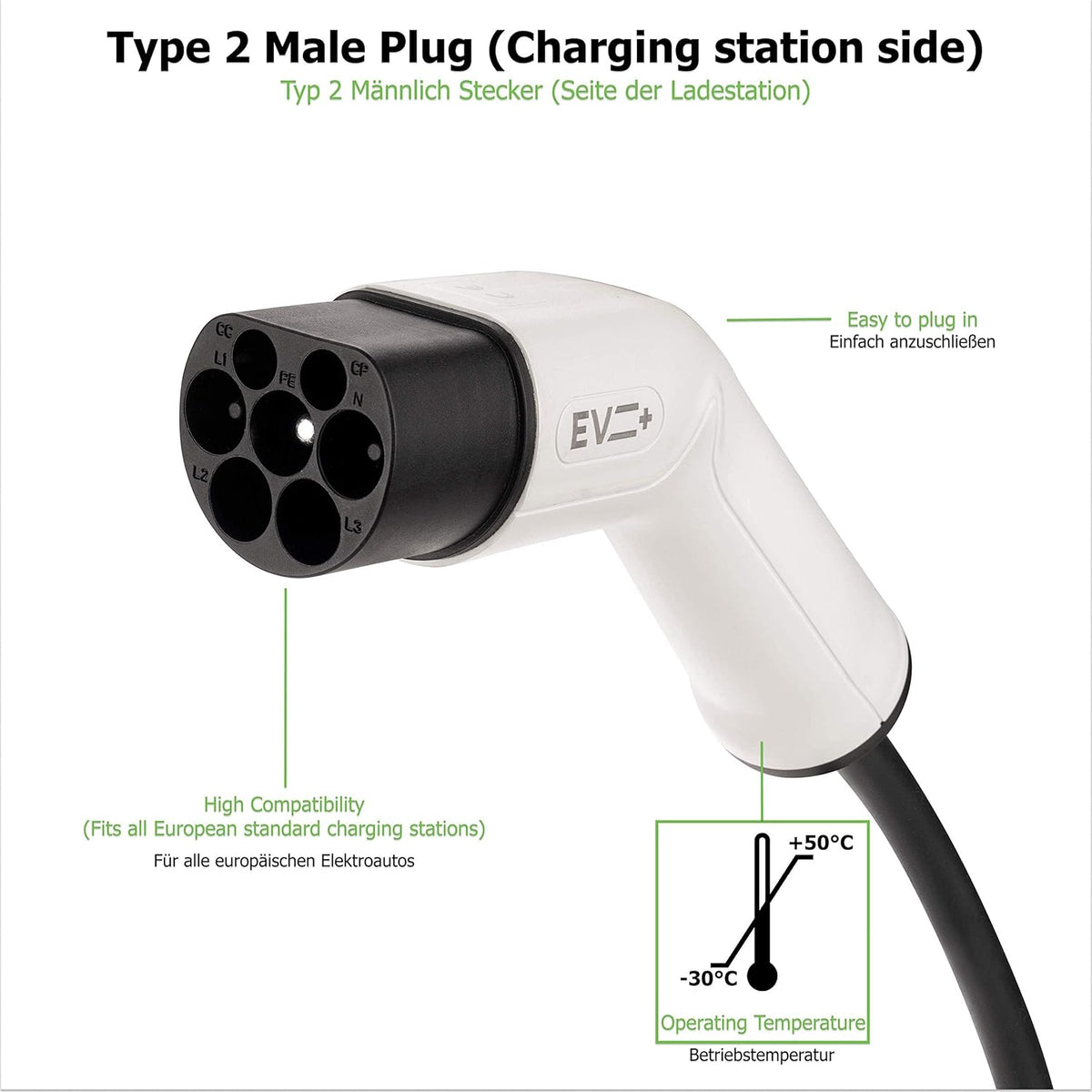 EV + E-auto-laadkabel Spiraal Type 2 naar Type 2 IEC 62196, 3 Meter Draagbare Laadkabel 1-Fase 32A 7.2 kW Zwart met Draagtas, Kabel voor Elektrisch Voertuig, Type 2 Oplader Laadkabel Elektrische Auto