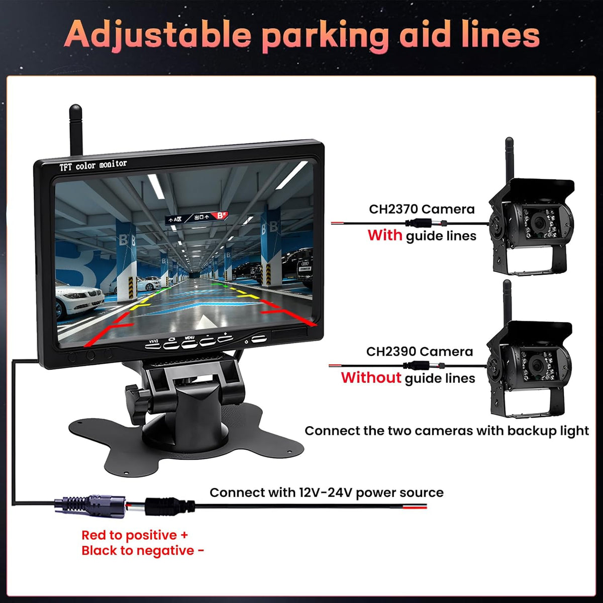 7 inch Draadloos Achteruitrijcamera Systeem – Achteruitrijcamera – Parkeercamera – Campercamera – Truckcamera – 2 Camera’s Met Split-Screen – IP67 Waterdicht & Nachtvisie – 12-24V - QUORE