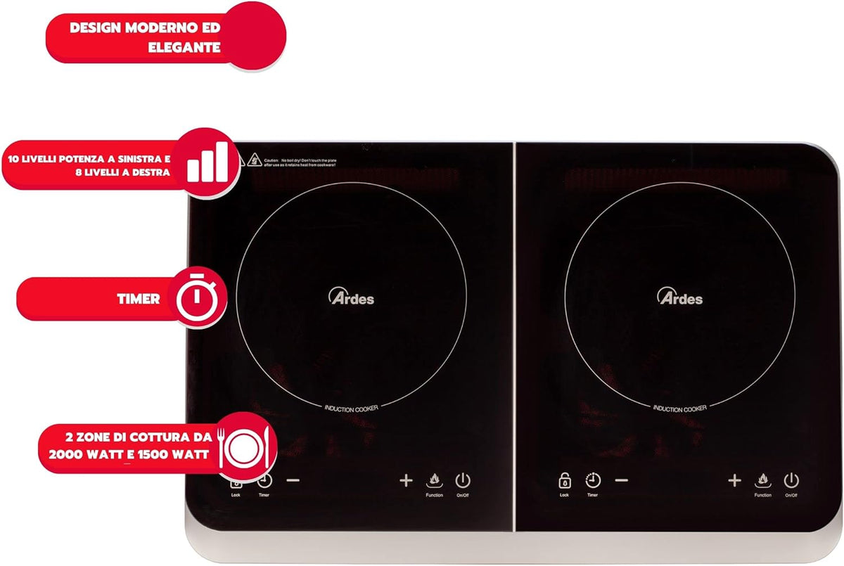 Elektrisch Inductiefornuis – Kookplaat – Twee Kookzones – Inductiekookplaat – Digitale Kookplaat – Compact – 2000 + 1500 Watt – Digitaal Touchpaneel Met Timer