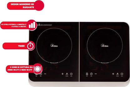 Elektrisch Inductiefornuis – Kookplaat – Twee Kookzones – Inductiekookplaat – Digitale Kookplaat – Compact – 2000 + 1500 Watt – Digitaal Touchpaneel Met Timer