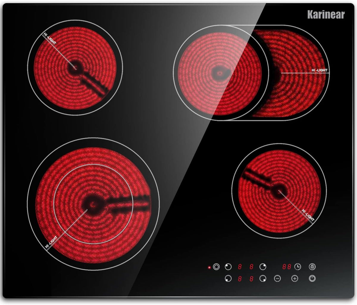 Karinear Keramische kookplaat 4 platen 60cm, tiptoetsen, 1-90 minuten timer, 9-standen verwarming, automatische uitschakeling, kinderslot, zwart