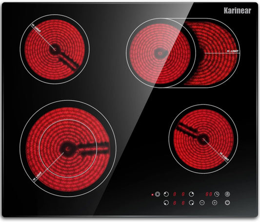 Karinear Keramische kookplaat 4 platen 60cm, tiptoetsen, 1-90 minuten timer, 9-standen verwarming, automatische uitschakeling, kinderslot, zwart
