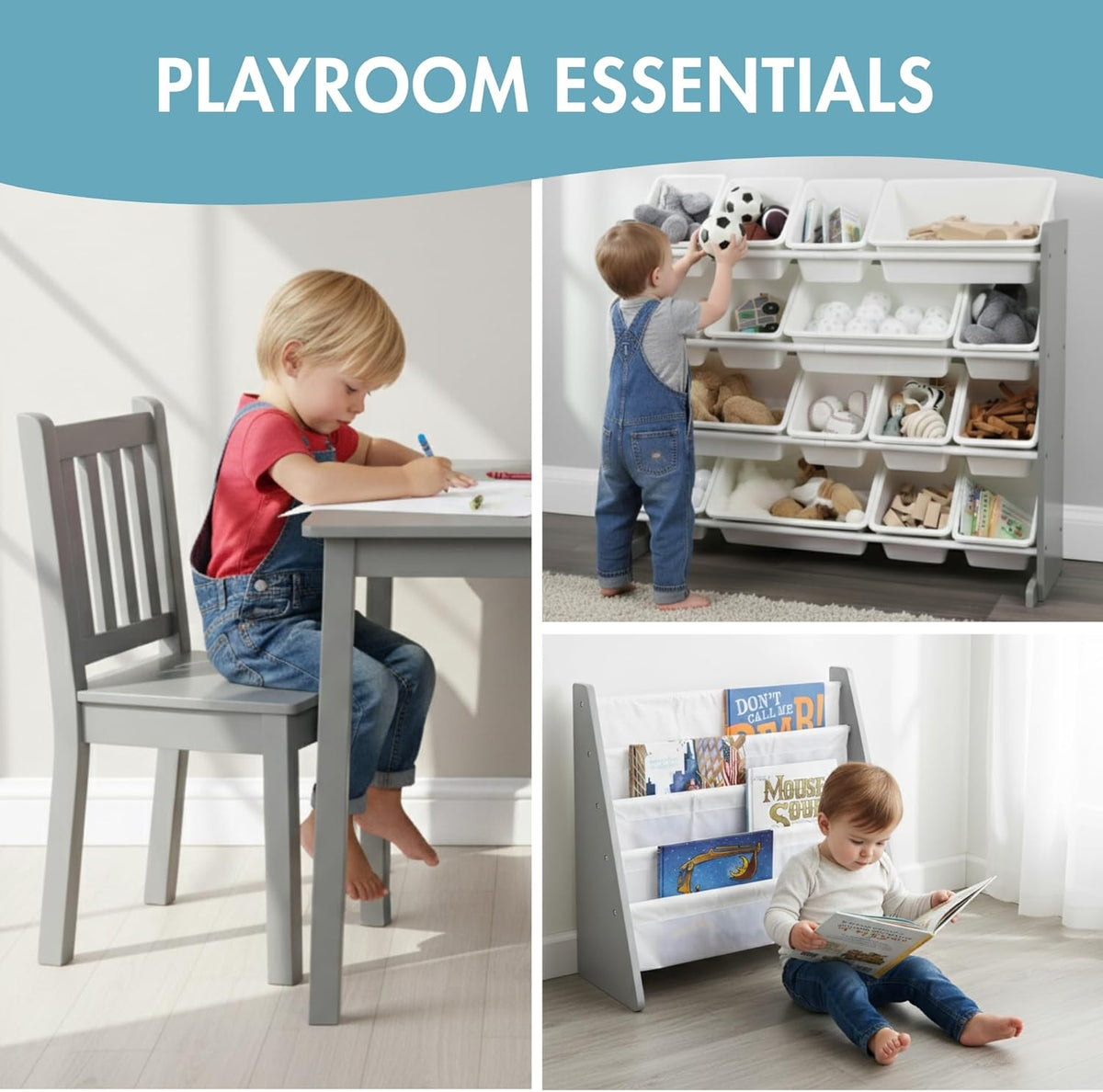 Humble Crew Kindertafel en -stoelen, ontworpen hout, wit/grijs, 66,04 x 55,88 x 48,26 cm