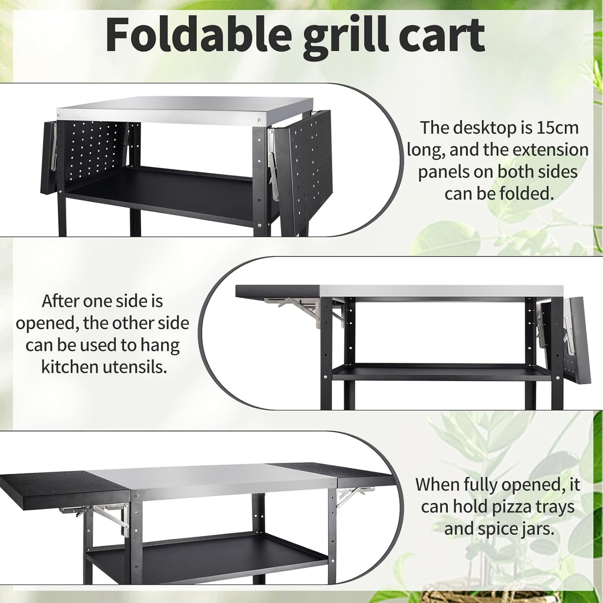 Outdoor grilltafel met roestvrijstalen werkblad, 3-laags grillwagen met wielen, 2 stuks 30 cm opvouwbare bijzettafel, ronde gaten voor het ophangen van keukengerei, tuingereedschapkarren