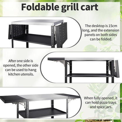 Outdoor grilltafel met roestvrijstalen werkblad, 3-laags grillwagen met wielen, 2 stuks 30 cm opvouwbare bijzettafel, ronde gaten voor het ophangen van keukengerei, tuingereedschapkarren