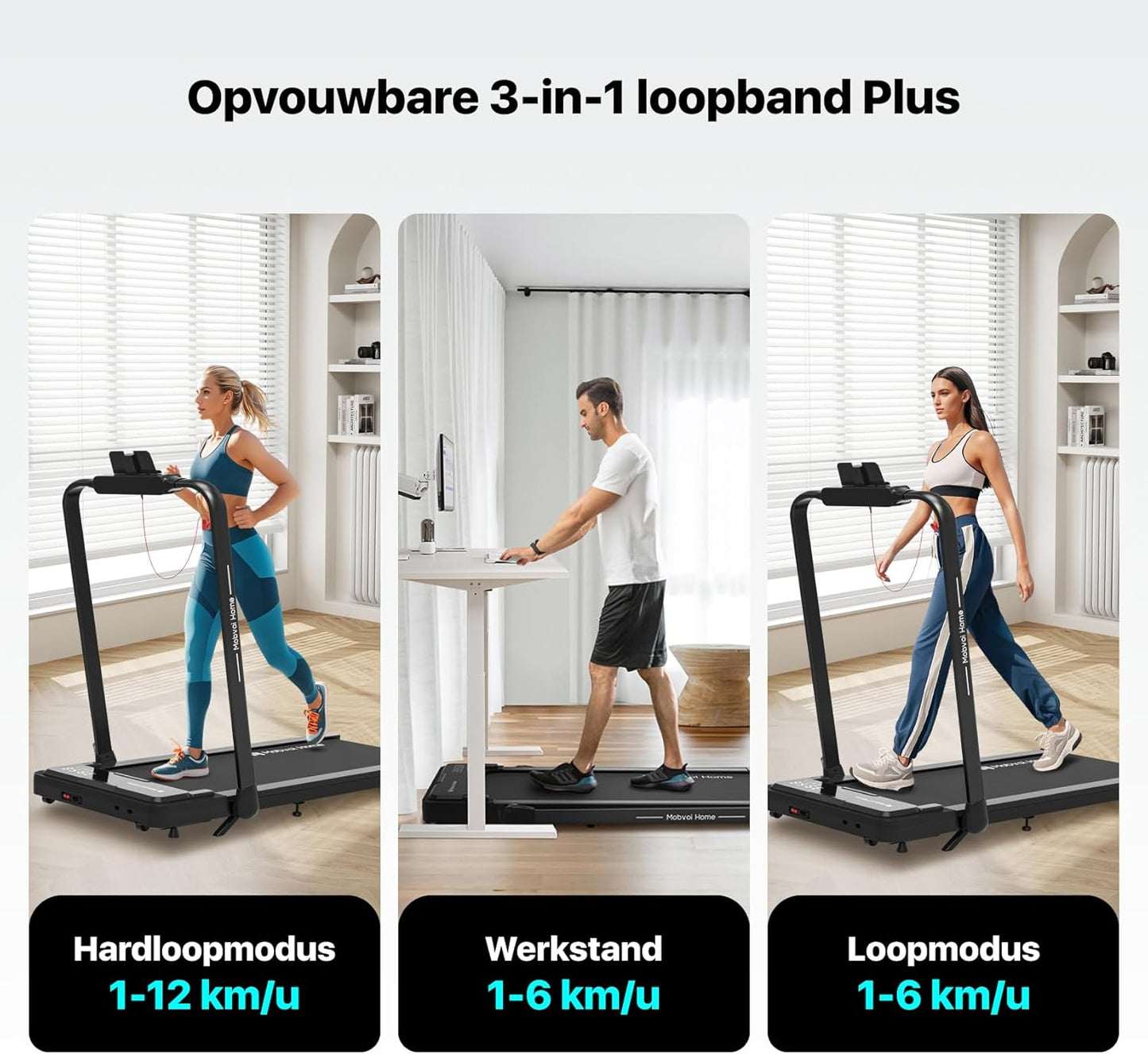 Mobvoi Home 3 in 1 Foldable Treadmill with 6% Incline Treadmat 2.5HP Compact Portable Treadmill Under Desk with Remote Control LED Display for Home Office 120kg 12km/h - QUORE