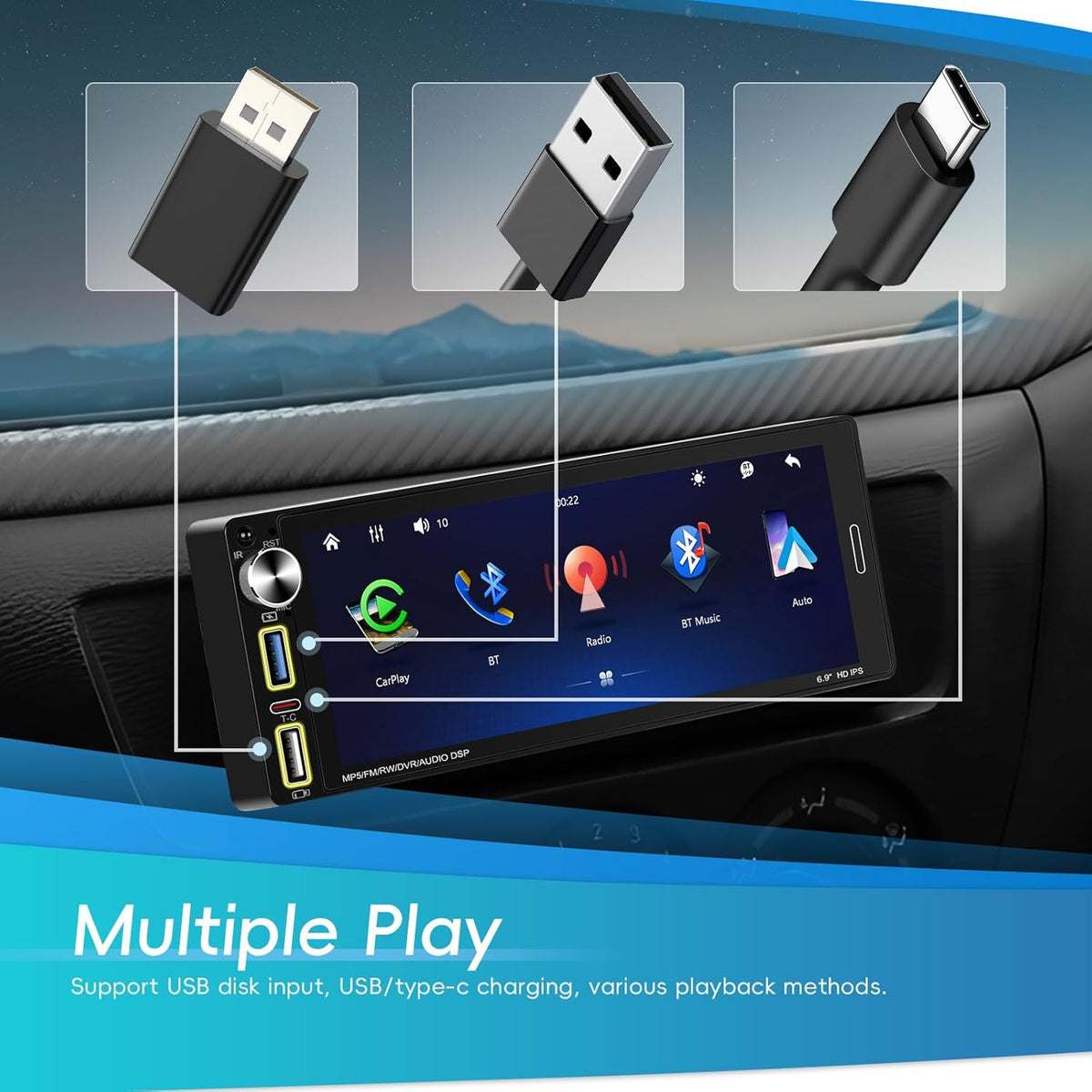 Hikity Autoradio met Scherm 1 Din Draadloze CarPlay Android Auto, 6,9 Inch HD Touch Screen Radio Bluetooth Handsfree Auto MP5 Speler met Achteruitrijcamera EQ FM SWC USB Type-C