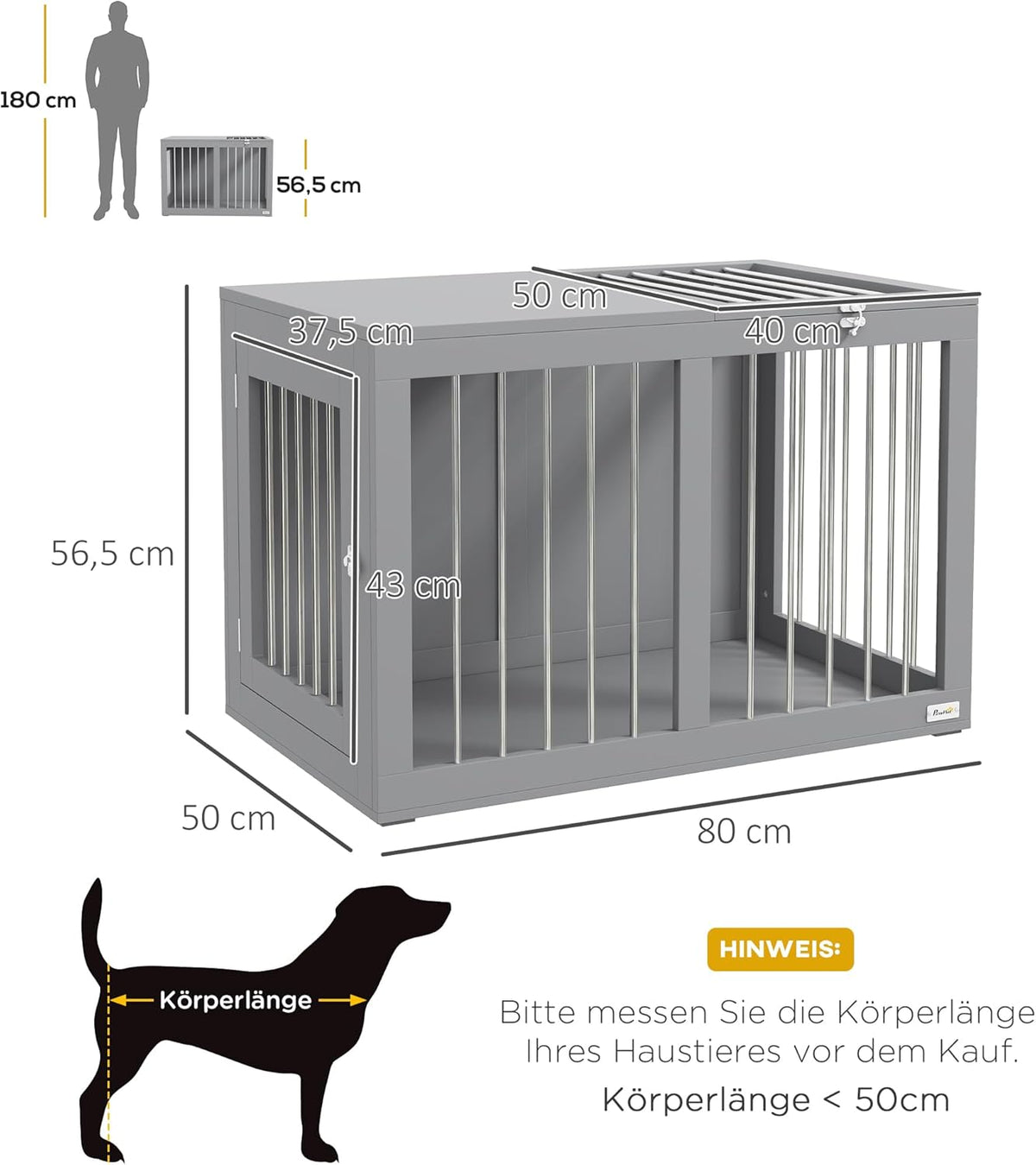 PawHut Hondenkooi, meubel met 2 deuren, staal, hondenbox voor thuis, binnen, hondenhok voor middelgrote honden tot 20 kg, bijzettafel, hondenhuis, 80 x 50 x 56,5 cm, grijs