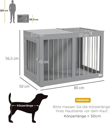 PawHut Hondenkooi, meubel met 2 deuren, staal, hondenbox voor thuis, binnen, hondenhok voor middelgrote honden tot 20 kg, bijzettafel, hondenhuis, 80 x 50 x 56,5 cm, grijs