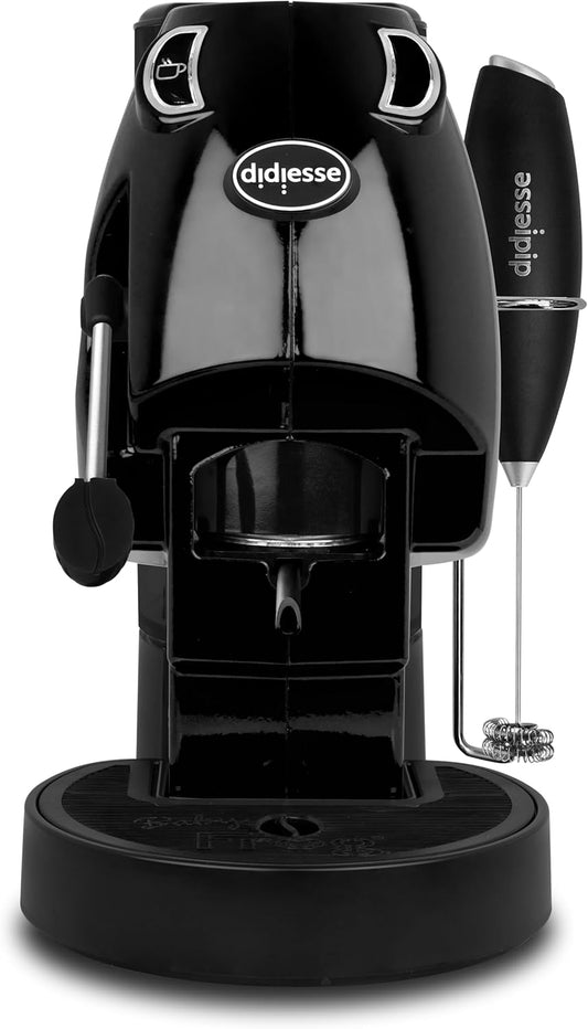 Didiesse Baby Frog Coffee & Tea Koffiezetapparaat voor pads, met melkopschuimer en dubbele padhouder voor koffie en thee, laag verbruik 450 W, warmwaterdispenser (zwart)