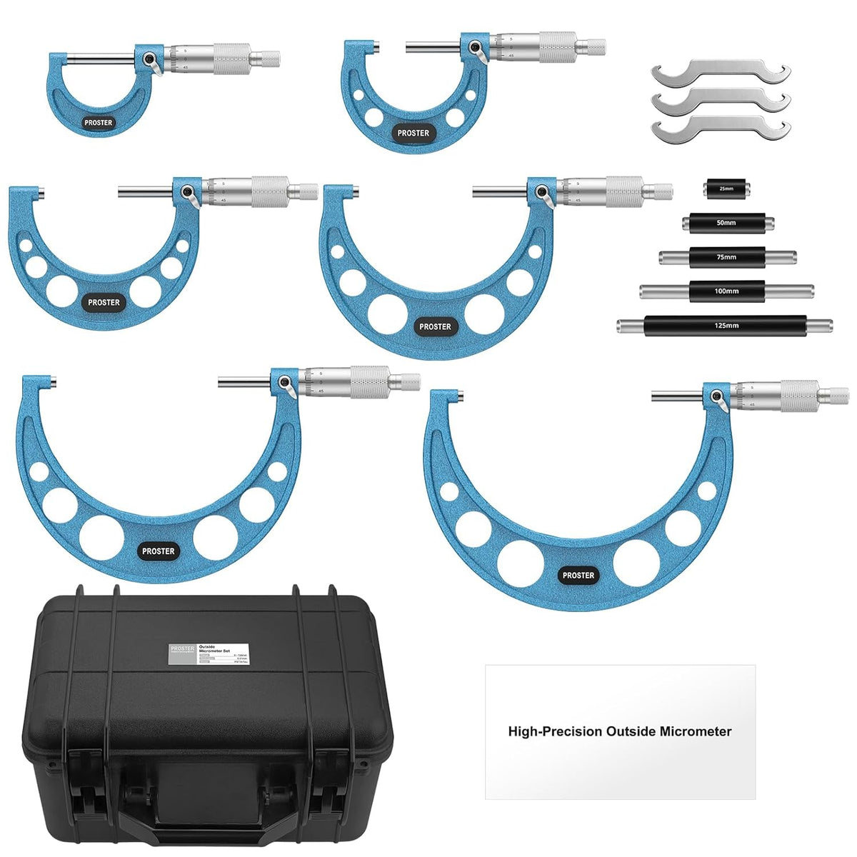 Proster Micrometer voor buiten, 0-150 mm, 6 stuks, mechanische buitenmicrometer, 0,01 mm, met stoprail, chroom satijn en laserschaal, professionele set met kalibratiebeugels en werkplaatsbox